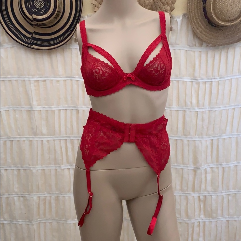 MYLA Red Lace Bra & Garter Belt Set